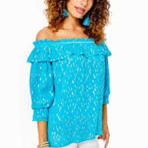 Lilly Pulitzer Ceecee Top | Off-the-Shoulder | Turquoise Oasis Metallic Size XS